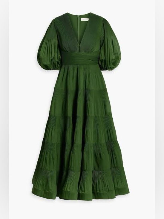 Zimmermann Dresses & Skirts - Green Puff-Sleeve Tiered Midi Dress ZIMMERMANN Tiered plissé-organza midi dress